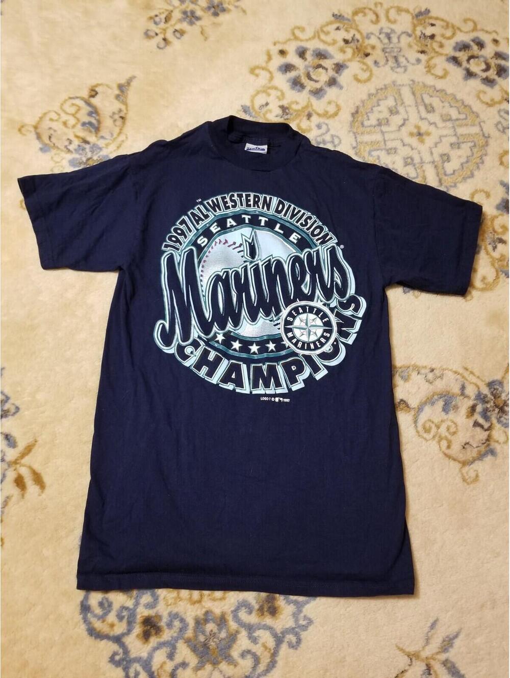 Vtg 1997 Seattle Mariners Champions Graffiti Shirt MLB Navy Blue Medium M Logo 7